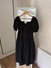 Sézane Black Linen Puff Sleeve Button-Up Midi Dress