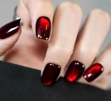Wine Red Press on Nails Short Square, 32Pcs 16 Sizes Soft Gel Dark Cat Eye