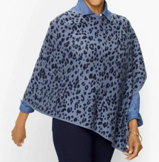 TALBOTS Poncho Sweater Womens Sz M/L Blue Leopard Print