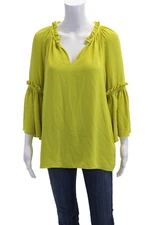 Josie Natori Womens Silk Bell Sleeve V-neck Sleek Blouse Yellow Size S