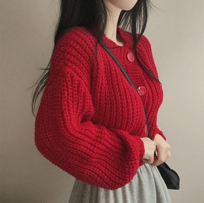 Womens Single Breasted Button Down Round Neck Long Sleeve Chunky Knitted Sweater