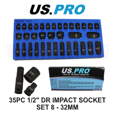 US PRO Tools 35 Stck. 1/2'' Dr 6 Punkt tiefe & flache Schlagsteckdosen Set in EVA-Schaum