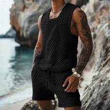 Men Summer Outfit 2-Piece Set Short Sleeve Shirt and Shorts Sweatsuit Set