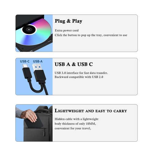 External DVD Drive USB3.0 CD-ROM Burner Portable Dual Interface Type-C USB8879 - Photo 3/6