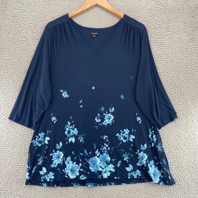 J Jill Top Womens 2X Plus Navy Floral 3/4 Sleeves Tunic Stretch Knit Pullover