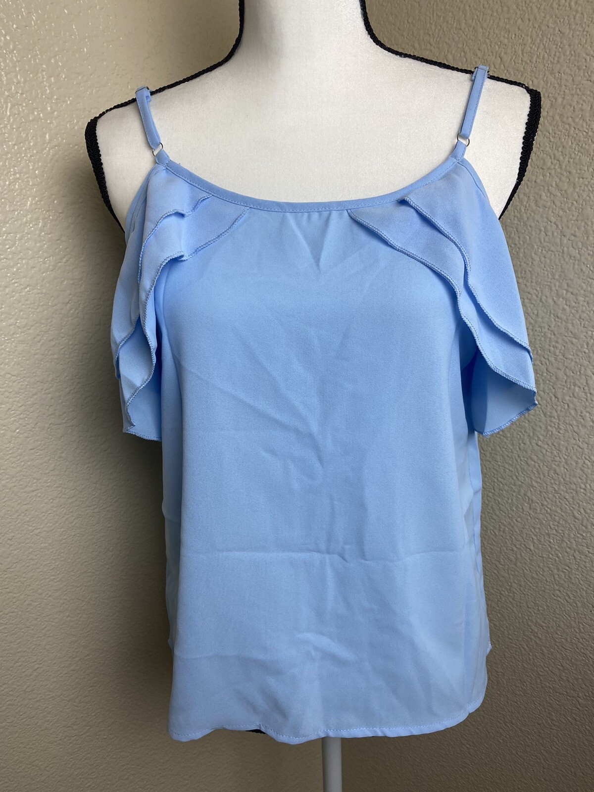 Cold Shoulder Solid Ruffle Trim Blouse Color Blue… - image 1
