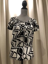 INC Black And White Silk Top Size 2 With Unique Button Side Closure