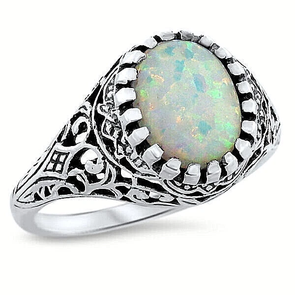 VICTORIAN ANTIQUE STYLE 925 SOLID STERLING SILVER LAB OPAL FILIGREE RING 629Z - Image 2 of 4