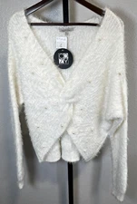 NWT Cozy Casual Apricot Lane Womens White Pearl Sweater Fuzzy Front Knot M/L