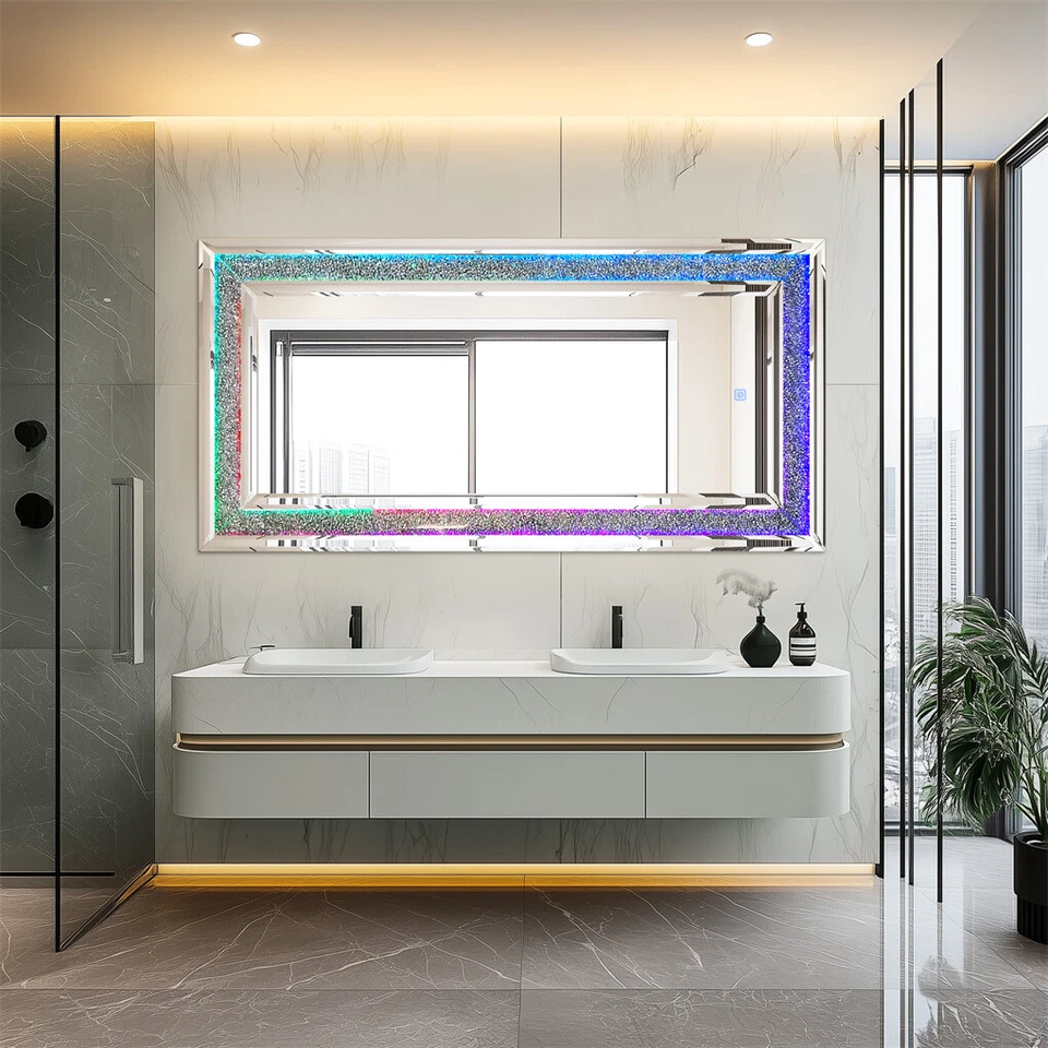 Espejo LED Grande XXL Luces RGB Aplastar Diamante Incrustación Espejo Pared Chimenea Decoración Foto 3 de 4