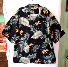 MEN'S TOMMY BAHAMA BLACK WITH FLORAL LEAF PRINT 100 SILK HAWAIIAN SHIRT SIZE XL