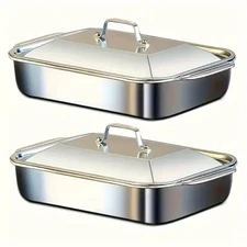 4pcs Set of 2 Deep Pan and 2 Handle-Lid Stainless Steel Rectangular Baking Pan