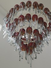 4 Level Art Nouveau Wrought  Iron Chandelier & 54 Red Flowing Blown Glass Shades
