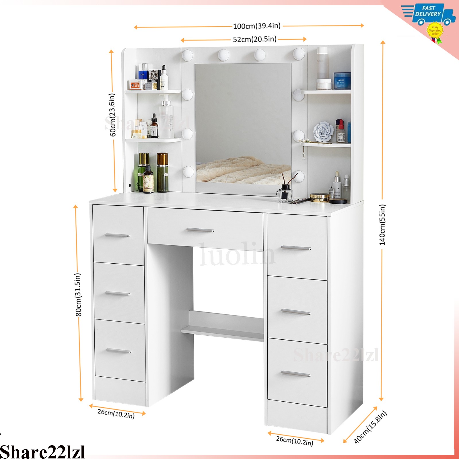 Vanity Set Makeup Desk Dressing Dresser Desk Table with 7 Drawer with Led Lights