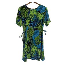 Vtg Hawaiian Dress 1990s Floral Tropical Blue Green Resort Vacation Beachy