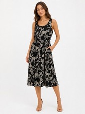 Talbots Safari Animal Print Midi Dress Size 8 Black White Cotton Botanical Dress