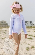 NWT New Girls Ruffle Butts Rash guard One Piece Swimsuit Blue Seersucker 10, L