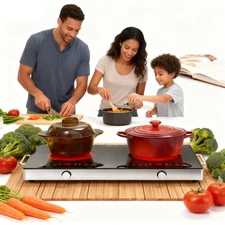 2400W Electric Cooktop 2 Burner Desktop  Electric Stove Top Knob Control 120V