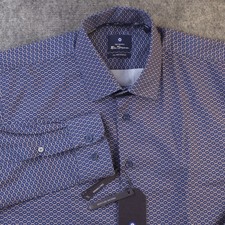 New Ben Sherman Shirt Large 16 16.5 34/35 All Way Stretch Blue Geometric