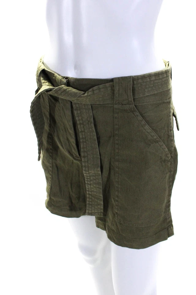 Pantalones Cortos ALC Mujer Cremallera Mosca Tiro Alto Cinturón Verde Lino Talla 2 Foto 2 de 4