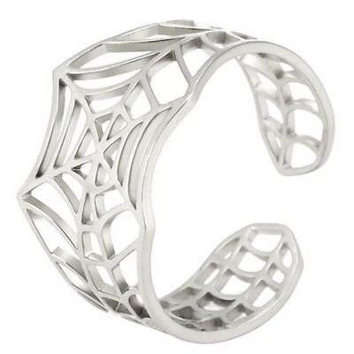 Gothic Art Deco Spider Web Ring Silver Stainless Steel Cybergoth Tarantula Band