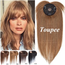 Natural Clip In REAL Remy Human Hair Mono Topper Hairpiece Wig Toupee with Bangs