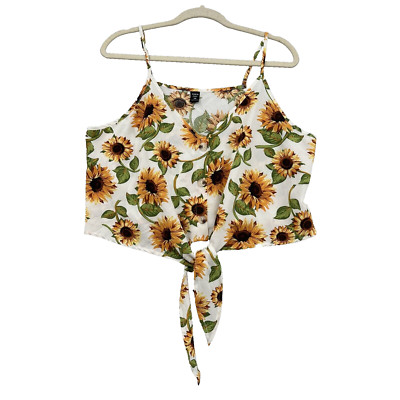 Shien Curve Crop Top Sunflower On White Backing 1XL with Front Tie knot NWOT