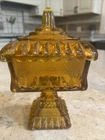 Vintage Jeanette Marigold/Carnival Glass Pedestal Wedding Box/Candy Dish 6".