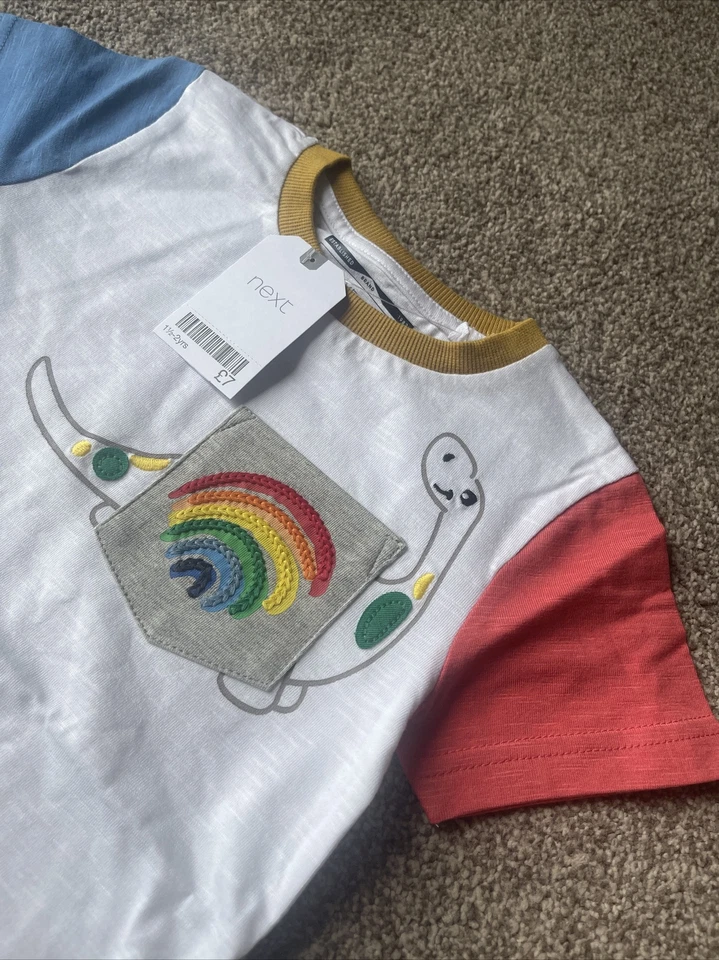Next Toddler Boys Dinosaur Rainbow Pocket Raglan T-shirt 18-24 months - Image 2 of 4