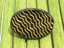 Antique Jet Black Glass Button Oval Gold Foil Wavy Pattern Tunnel Shank 5/8"