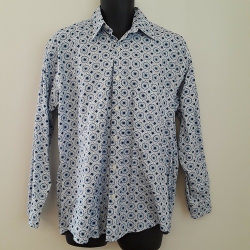 Krizia, VTG c. 1970s KAA by Krizia Men's Med Button-Up Shirt Blue Black White Geometric