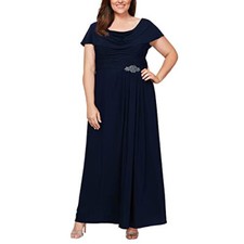 NWT 195 18W Alex Evenings Women's Long Cowl Neck A-line Dress DARK NAVY BLUE