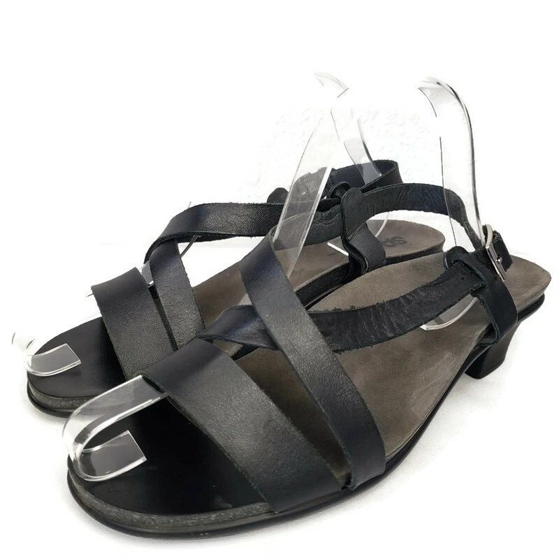 SAS Nouveau Cross Strap Block Heel Sandals Leather Black Womens Size 10 M Shoes