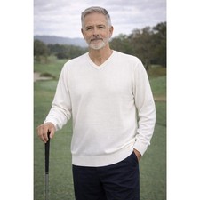 Greg Norman Collection Men  s White V-Neck Golf Sweater Size L LS Classic Knit O