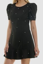 Crystal Doll Women's Juniors' Black Puff-Sleeve Rhinestone-Trim Dress Size S