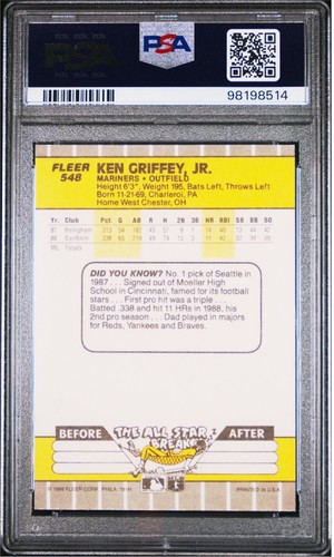KEN GRIFFEY JR 1989 FLEER #548 ROOKIE RC SEATTLE MARINERS PSA 10 MLB HOF - Picture 2 of 2