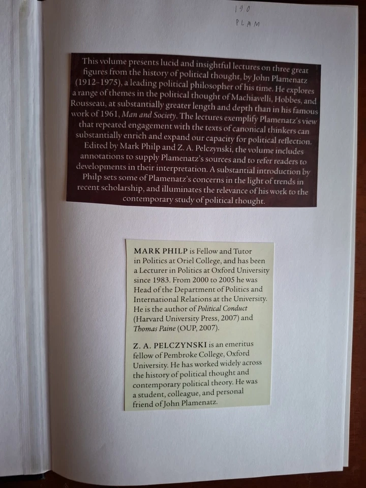 Machiavelli, Hobbes, and Rousseau by John Plamenatz, Hardcover 1st Edition 2012 - Image 3 of 4