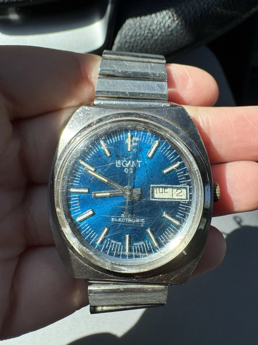 Vintage‎ Legant QS Electronic Watch Day Date Blue Dial Needs Batteries Le Gant Wristwatches for sale | eBay main image 4