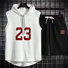 Men Sleeveless Hooded T-shirt Shorts Sports Two Piece Set Gym Casual