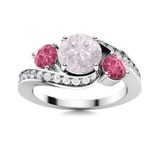925 Sterling Silver 5MM Round Pink Quartz  Pink Topaz Three Stone Women Ring