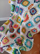 NEW Handmade Original COTTON Afghan COLORFUL Crochet Granny Square Blanket 41x60