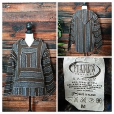 Vintage Mexican Blanket Hoodie Baja Poncho Medium Hippie Brown Striped Franks