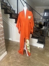 Vintage Persimmon Orange Silk Floral Lily Print Handstitched Japanese Kimono