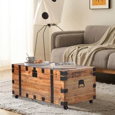 Large-Capacity Storage Coffee Table with Four Wheels Natural Wood Grain Finish