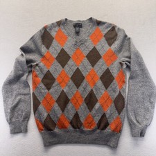 Banana Republic Kids Large Merino Wool Argyle Sweater Gray Orange V Neck