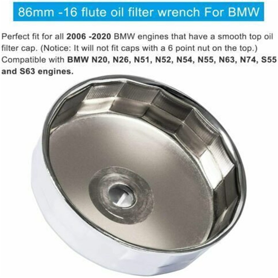 86mm 16 Flute Oil Filter Wrench Tool For BMW & Volvo Cartridge Filters - Chrome Steel, 27mm Hex Drive