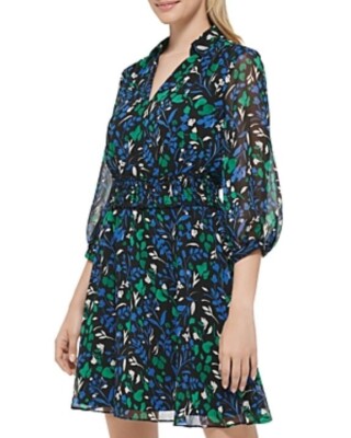 Karl Lagerfeld women's A line Smocked Waist Chiffon Dress - size 6 - Blue  print