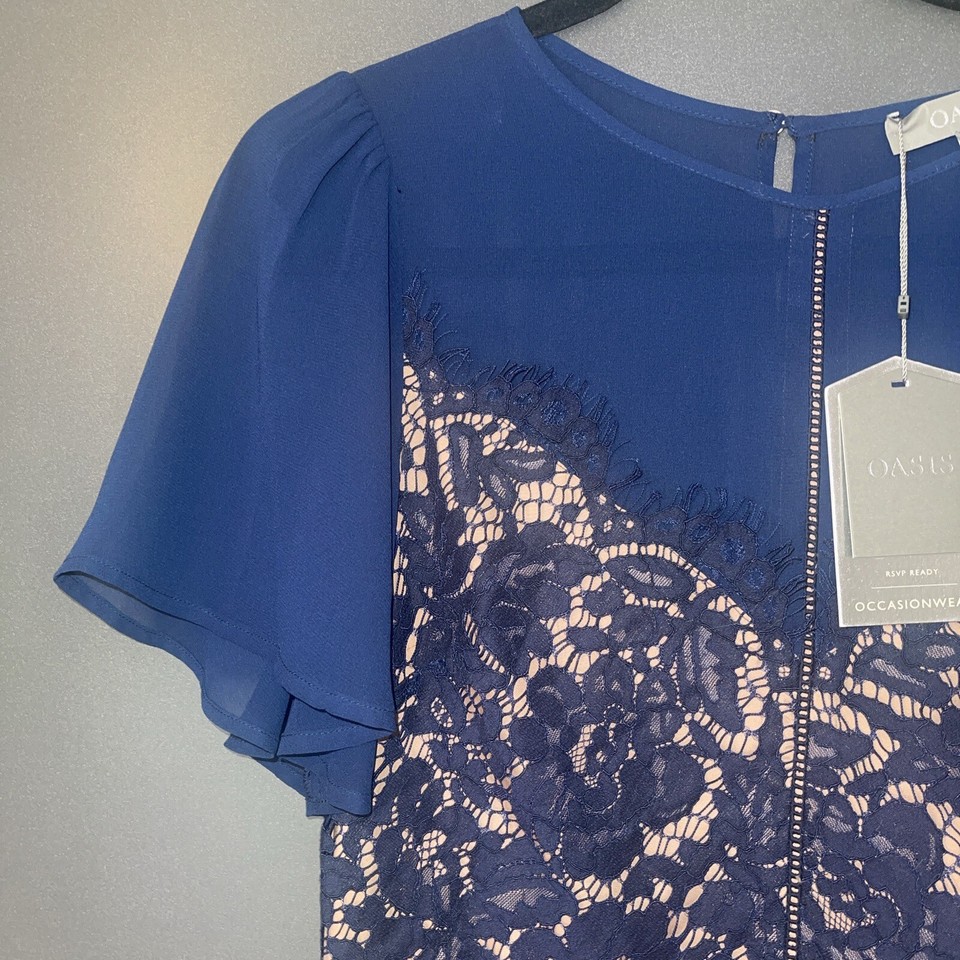 Oasis Chiffon Sleeve Lace Skater Dress Navy Sz 10 eBay