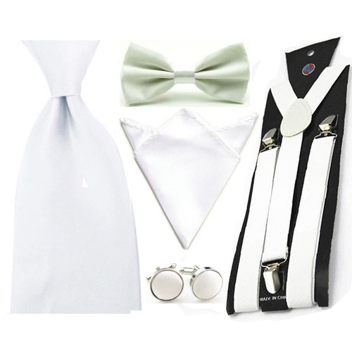 Men's Satin Bowtie Necktie Pocket Square Hanky Stretch Suspender Cufflink Set - Picture 10 of 10