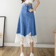 Gonne Midi In Pizzo Denim A Vita Alta A-Line Con Bottone E Tasche Casual